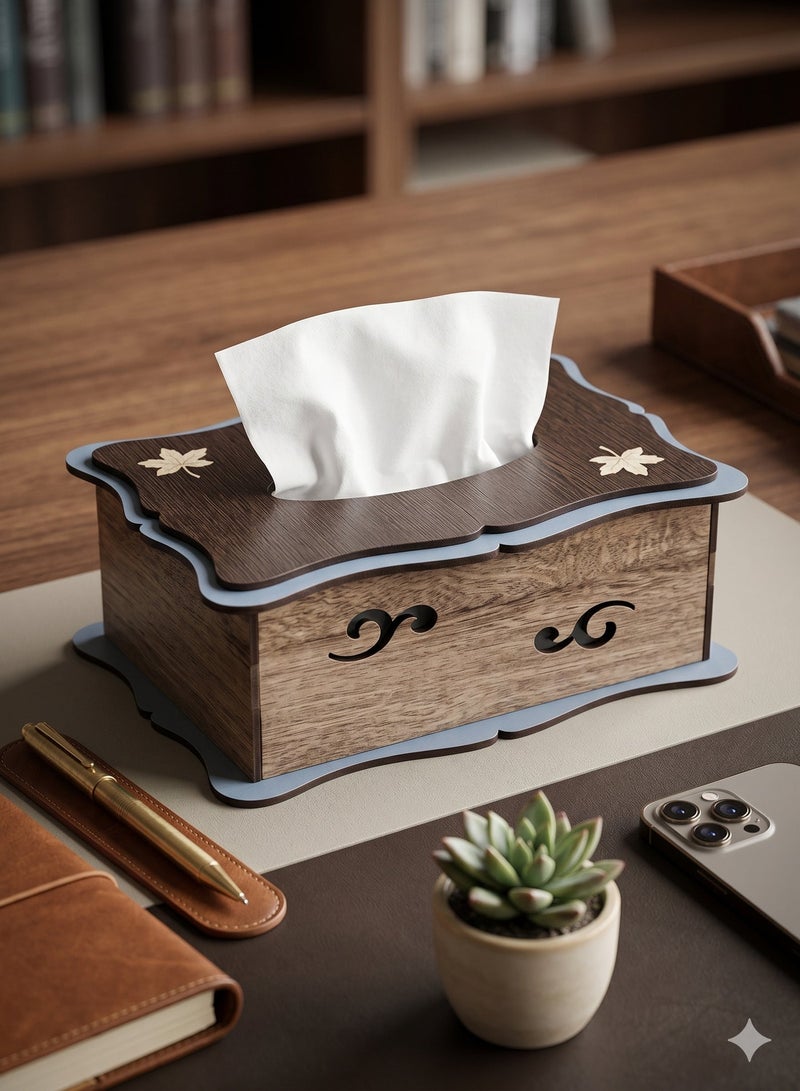 Decorative Wooden Tissue Box Holder Available in 3 Different Designs and Colors (Black, Blue, Brown) Ideal for Office Car and Home Use Single Piece Tissue Dispenser Case - Image 3