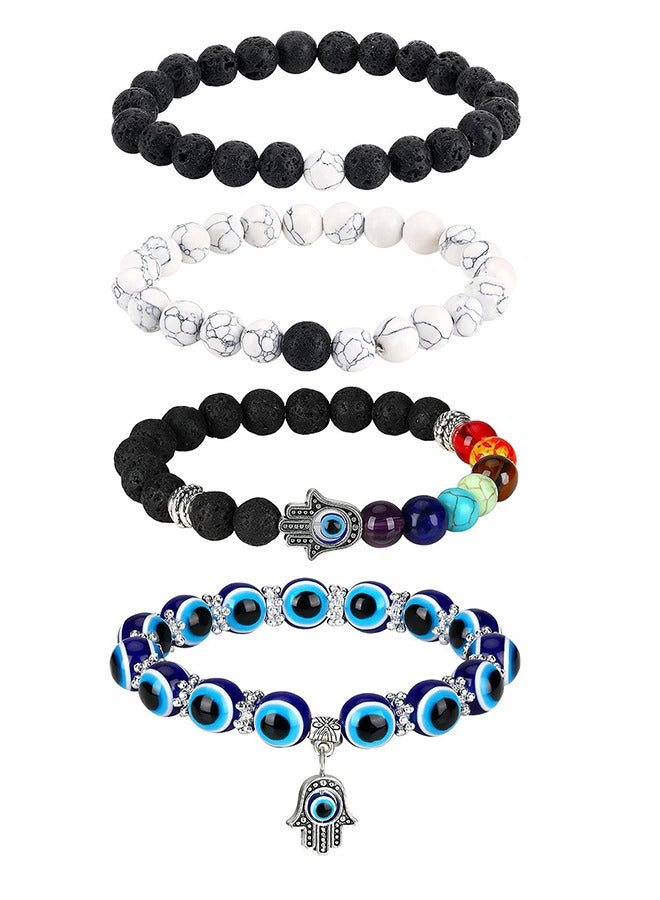 4 Piece Evil Eye Bracelet Set Hamsa Beaded Chakra Beaded Stretch Bracelet Women (Elegant Style), Metal And Beaded Unisex Couple - Image 1