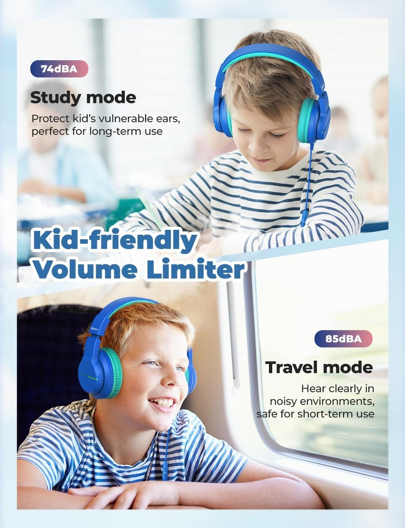iClever HS19 Kids Headphones with Microphone for School, Volume Limiter 74/85dBA, Over-Ear Girls Boys Headphones for Kids with Shareport, Foldable for iPad/Travel (Navy Blue) - Image 4