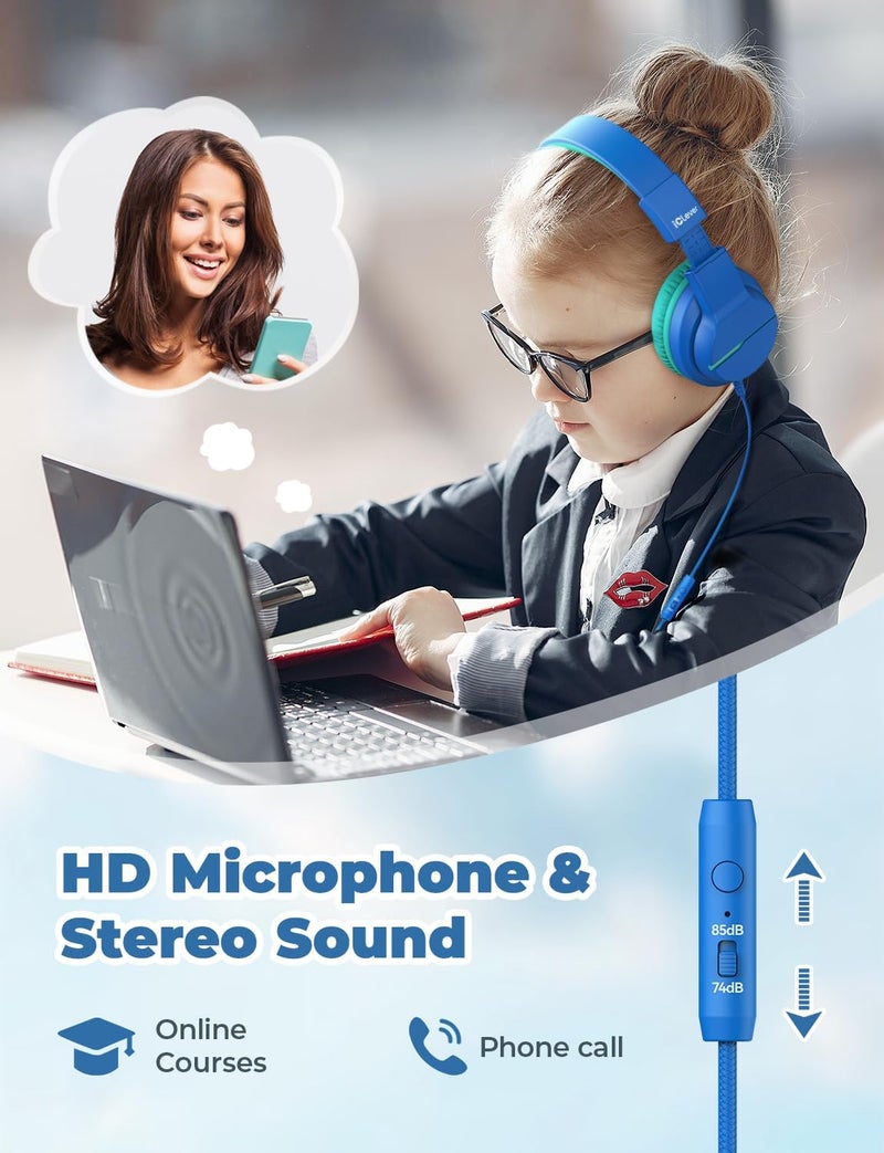 iClever HS19 Kids Headphones with Microphone for School, Volume Limiter 74/85dBA, Over-Ear Girls Boys Headphones for Kids with Shareport, Foldable for iPad/Travel (Navy Blue) - Image 2
