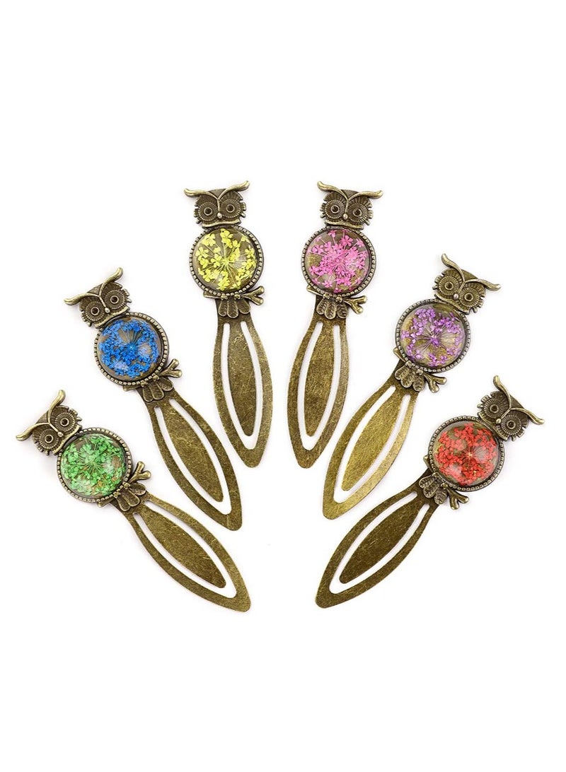 Vintage Owl Metal Bookmarks with Dried Flowers, 6PCS Colorful Bookmarks for Kids' Parties, Students and Teachers - Image 1