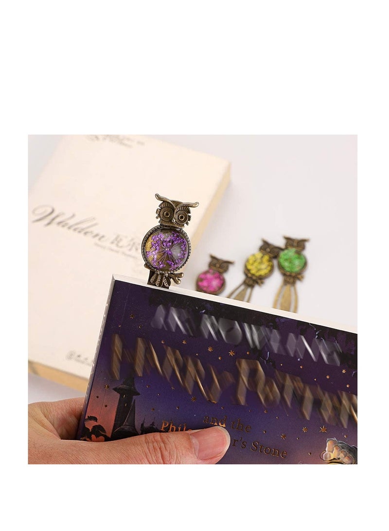 Vintage Owl Metal Bookmarks with Dried Flowers, 6PCS Colorful Bookmarks for Kids' Parties, Students and Teachers - Image 3