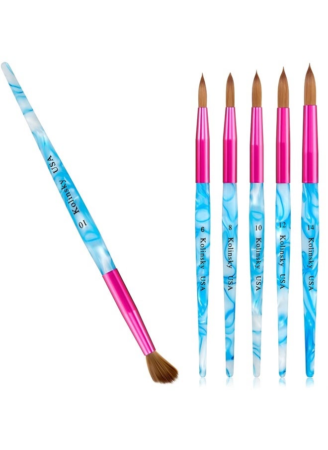 Geiserailie 5 Pieces Kolinsky Acrylic Nail Brush Kolinsky Hair Bristles Crimped Shaped Handle Acrylic Brush Nail Brushes for Acrylic Application Nail Art Manicure Tool Size 6, 8, 10, 12, 14 (Pink, Blue and White)  - Image 1