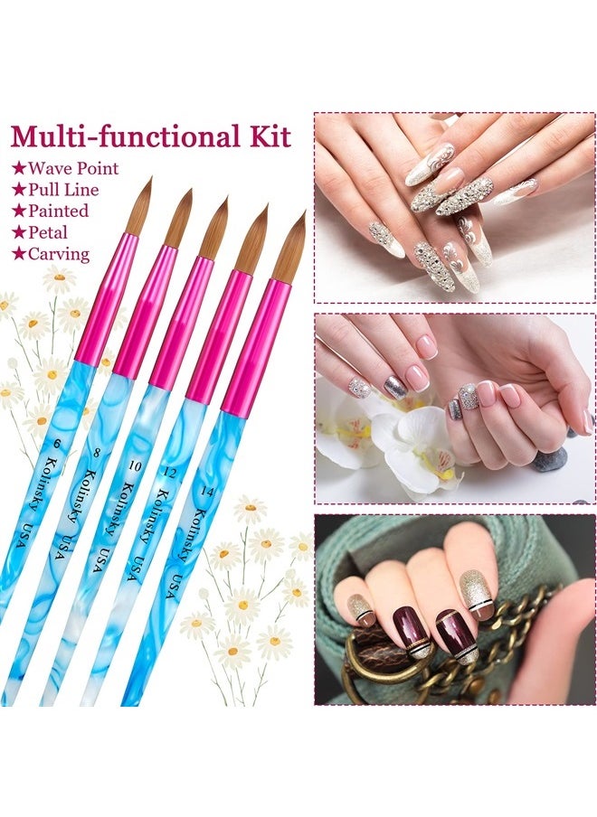 Geiserailie 5 Pieces Kolinsky Acrylic Nail Brush Kolinsky Hair Bristles Crimped Shaped Handle Acrylic Brush Nail Brushes for Acrylic Application Nail Art Manicure Tool Size 6, 8, 10, 12, 14 (Pink, Blue and White)  - Image 3