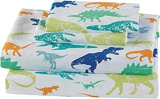 Linen Plus Sheet Set for Kids/Teens Boys Dinosaur Dinosaurs Jurassic Green Orange Blue White Flat Sheet and Fitted - Image 1
