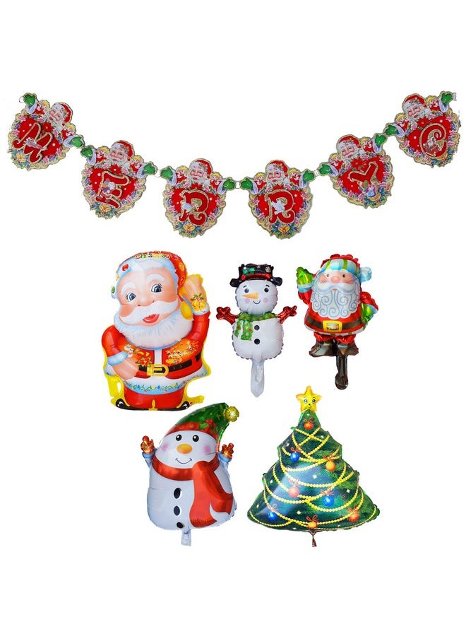 Balloonistics Masti Zone Merry Christmas 5 Pcs Foil Balloons (Santa Claus,Tree,Snowman) Combo with 1 Pcs Santa Claus Wall Hanging Set Merry Christmas Xmas Decoration 