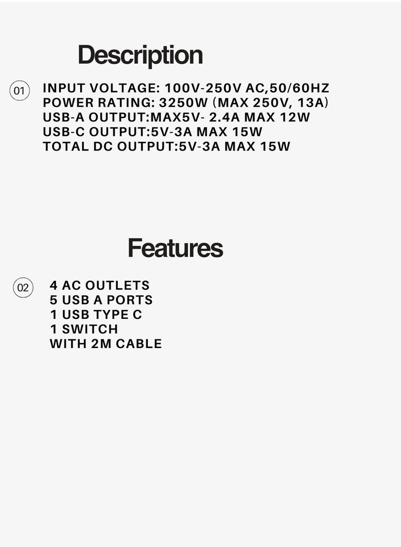 TESSAN Universal Extension Cord With 5 USB-A 1 Type-C Port Overload Protector UK/UAE/KSA/SG Float Extension With 4 AC Outlets 5 USB A Ports, 1 USB Type C, 1 Switch With 2M Cable TESSAN Extension Lead Power Extension White - Image 5