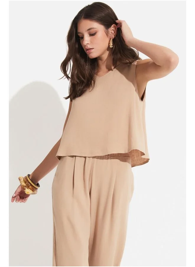 جون June Linen Blouse & Trouser Set Tan