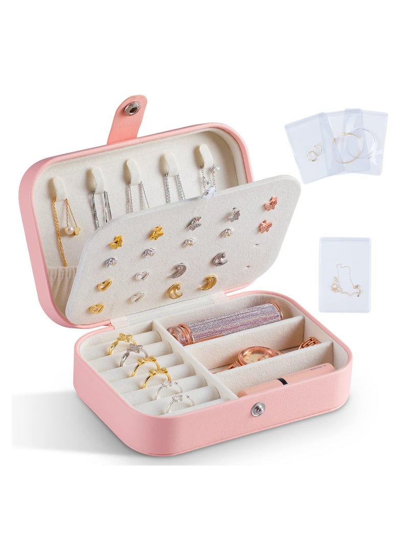 MIXDE Jewelry Box, Pu Leather Jewelry Travel Organizer for girls with Mini Clear Jewelry Bags Double Layer Small Jewelry Box for Stud Earrings, Rings, Necklaces, Bracelets Pink  - Image 1
