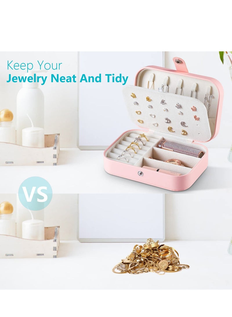 MIXDE Jewelry Box, Pu Leather Jewelry Travel Organizer for girls with Mini Clear Jewelry Bags Double Layer Small Jewelry Box for Stud Earrings, Rings, Necklaces, Bracelets Pink  - Image 4
