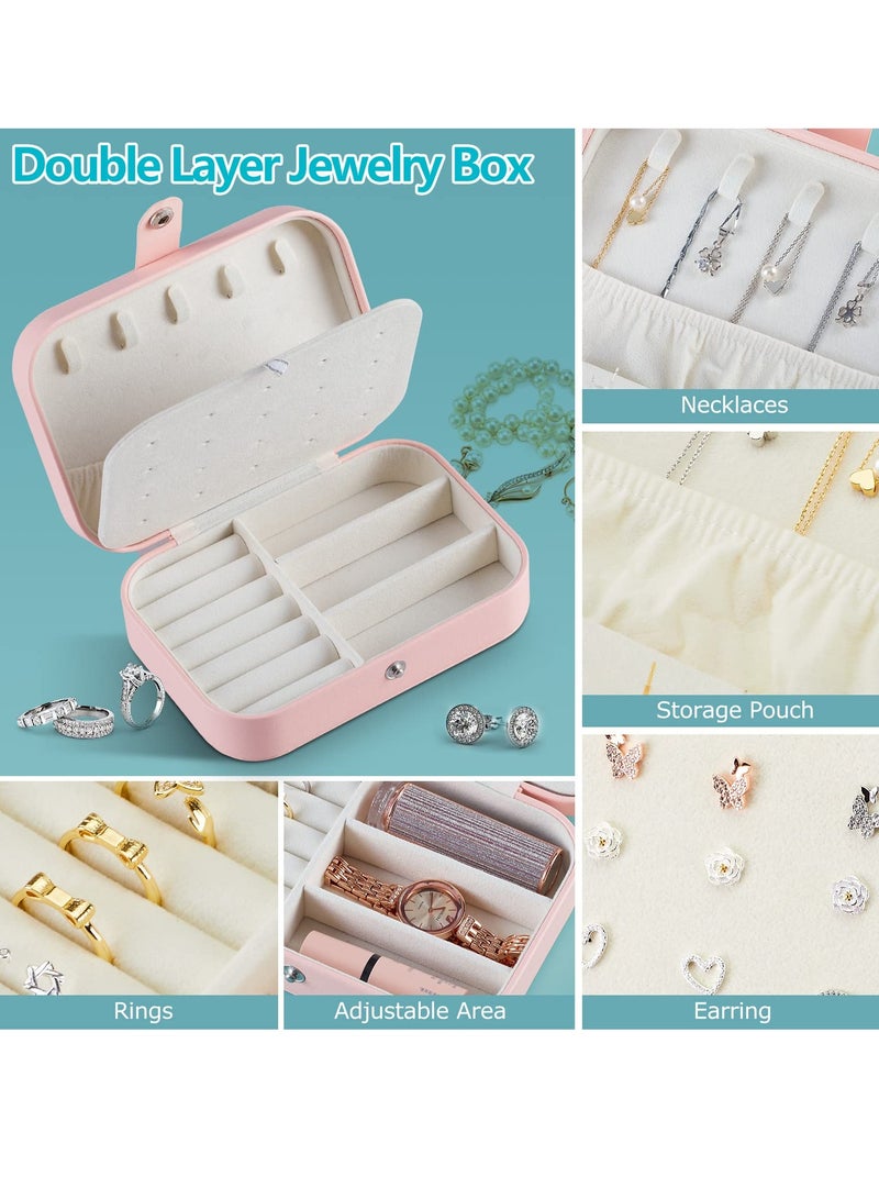 MIXDE Jewelry Box, Pu Leather Jewelry Travel Organizer for girls with Mini Clear Jewelry Bags Double Layer Small Jewelry Box for Stud Earrings, Rings, Necklaces, Bracelets Pink  - Image 2