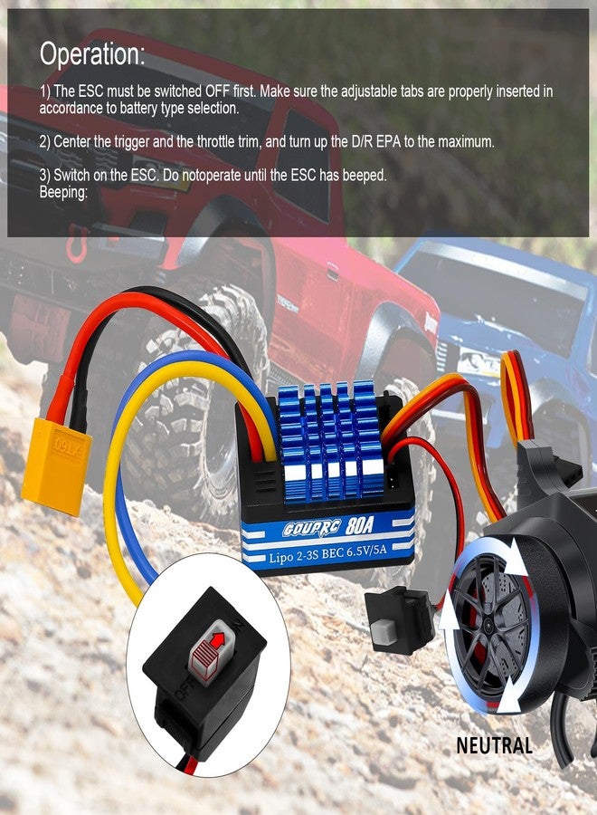 وحدة تحكم إلكترونية بالسرعة GOUPRC 80A 2S-3S LiPo ذات فرش معدنية، مزودة بمقابس T/XT60، مناسبة لسيارات التحكم عن بعد بمقياس 1/10 وقوارب التحكم عن بعد، للاستخدام مع محركات 540/550/750. - Image 4