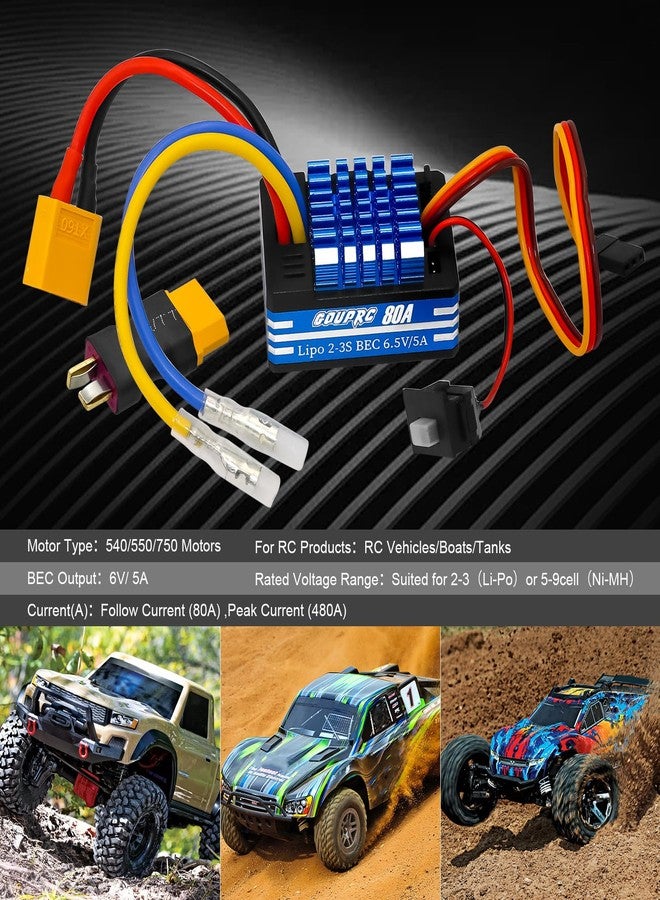 وحدة تحكم إلكترونية بالسرعة GOUPRC 80A 2S-3S LiPo ذات فرش معدنية، مزودة بمقابس T/XT60، مناسبة لسيارات التحكم عن بعد بمقياس 1/10 وقوارب التحكم عن بعد، للاستخدام مع محركات 540/550/750. - Image 3