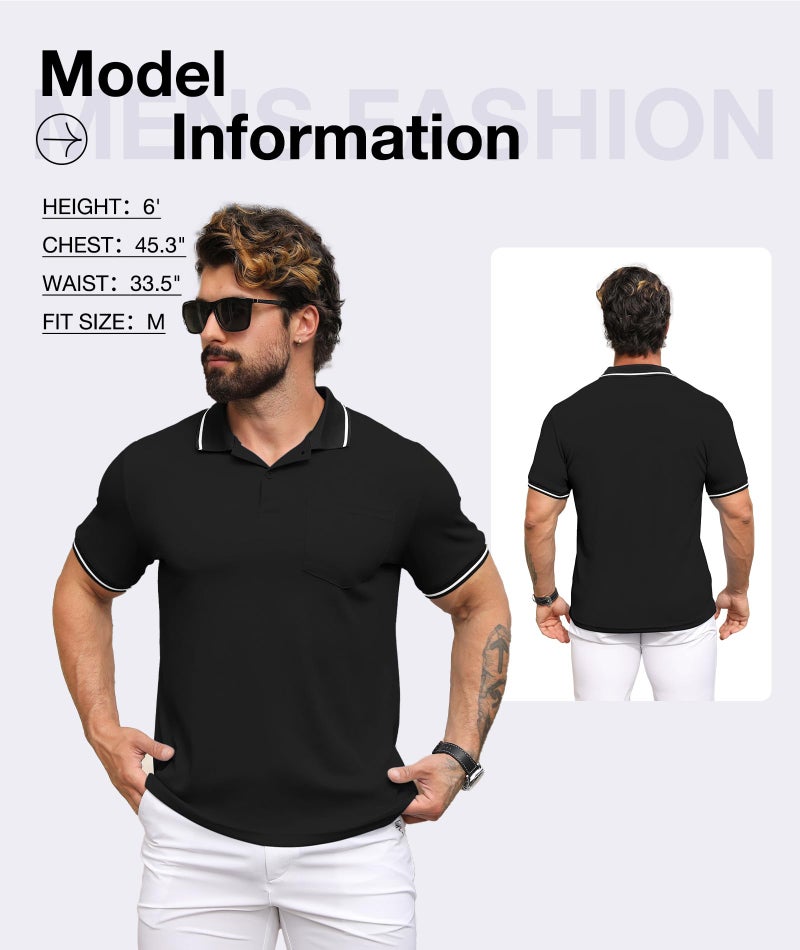 ZITY Mens Polo Shirts Casual Short Sleeve Athletic T-Shirts Classic Contrast Collar Shirt with Pocket Golf Polo Shirt for Men Black - Image 3