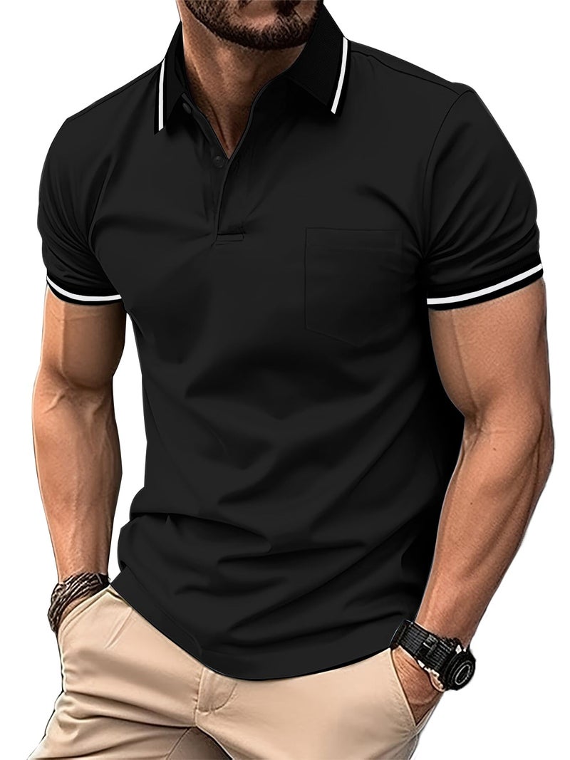 ZITY Mens Polo Shirts Casual Short Sleeve Athletic T-Shirts Classic Contrast Collar Shirt with Pocket Golf Polo Shirt for Men Black - Image 1
