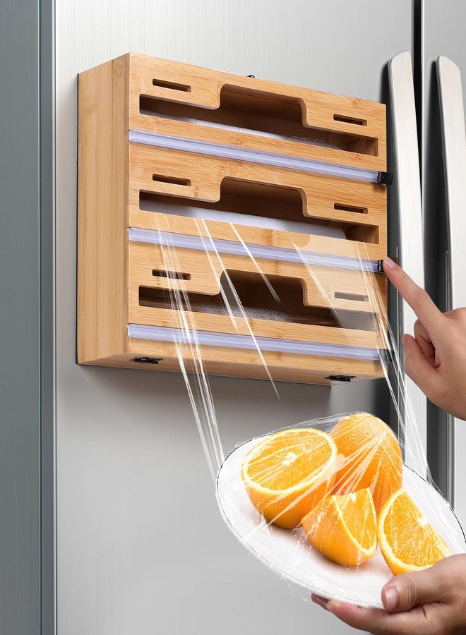 Allinside Magnetic Plastic Wrap Dispenser with Cutter, 3 in 1 Refrigerator Bamboo Wood Organizer for Tin Foil, Baking Paper, Wax Paper Holder Kitchen Storage Box Compatible with 12.9" Roll (3 Layer) - Image 1