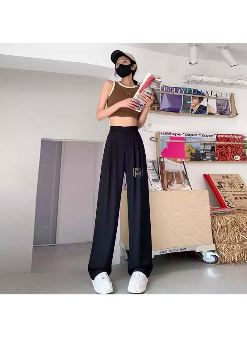 Huitich Women's Ice Silk Wide-Leg Pants High Waist, Loose Fit, Black Size M - Image 5