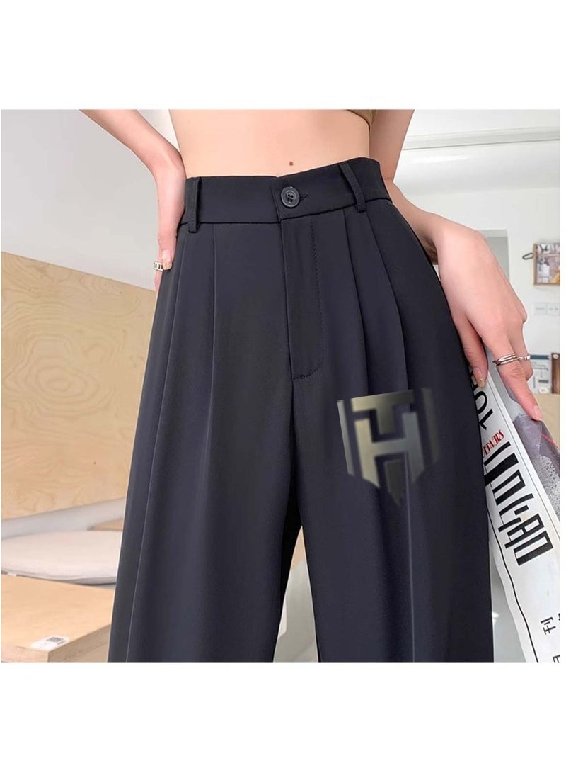 Huitich Women's Ice Silk Wide-Leg Pants High Waist, Loose Fit, Black Size M - Image 2