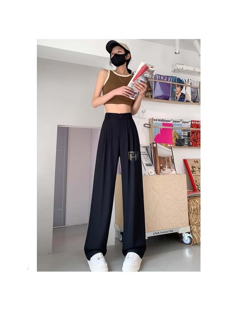 Huitich Women's Ice Silk Wide-Leg Pants High Waist, Loose Fit, Black Size M - Image 3