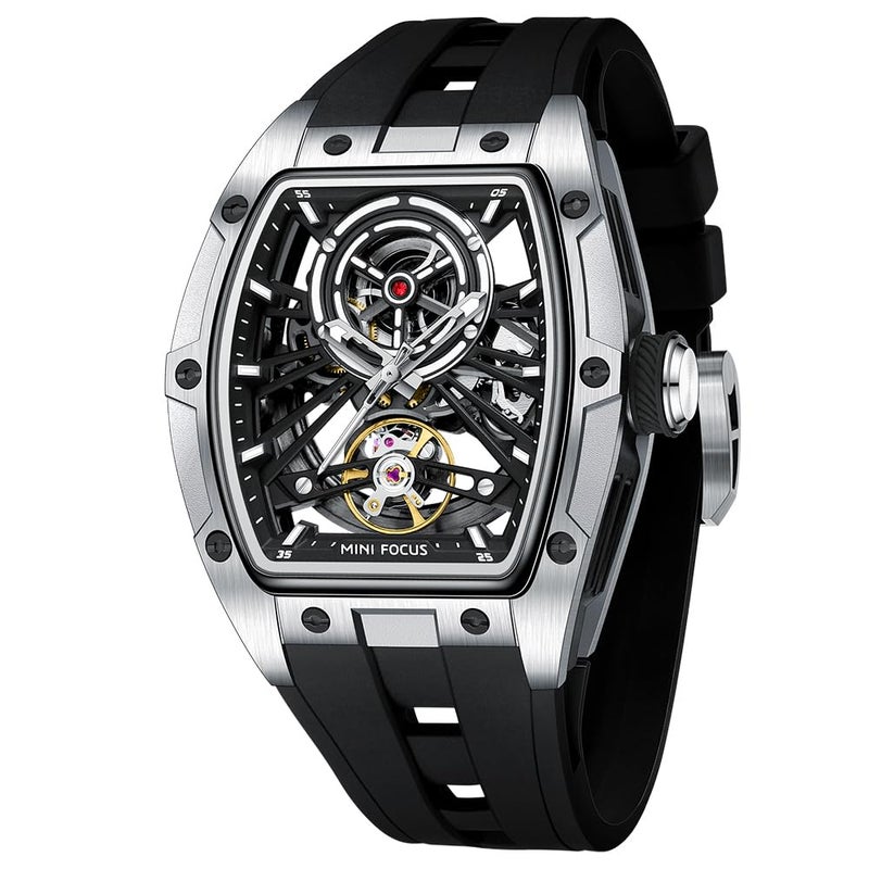 MF MINI FOCUS Unique Men WatchesAutomatic Mechanical WatchLuxury Hollow Tonneau Watches for Men with Stainless Steel Case and Silicon Band SelfWind Movement5ATM WaterproofSuper_Luminous - Image 2