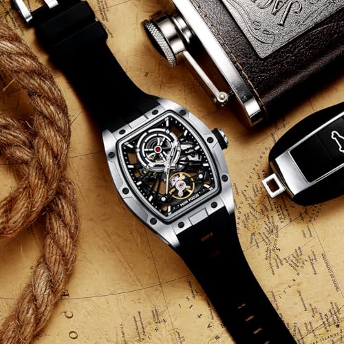 MF MINI FOCUS Unique Men WatchesAutomatic Mechanical WatchLuxury Hollow Tonneau Watches for Men with Stainless Steel Case and Silicon Band SelfWind Movement5ATM WaterproofSuper_Luminous - Image 3