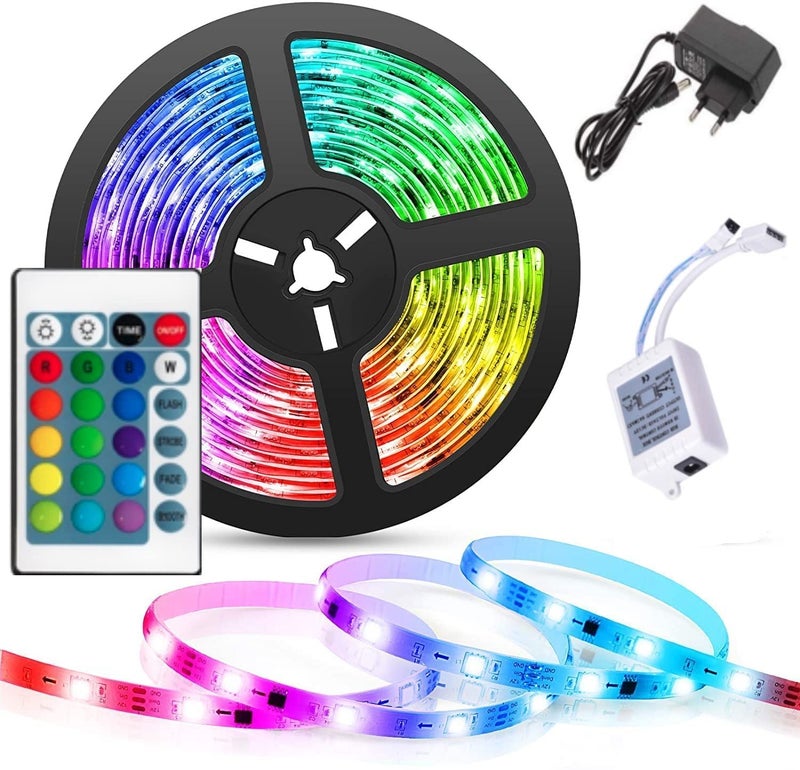 FLYNGO 5 Meter 5050 LED Strip Lights, 300 Led RGB Strip Light with Adaptor, Operated with 16 Modes Remote Controller Multicolor LED Lights for Home Decoration, Diwali, Ceiling, TV (RBG) - Image 1