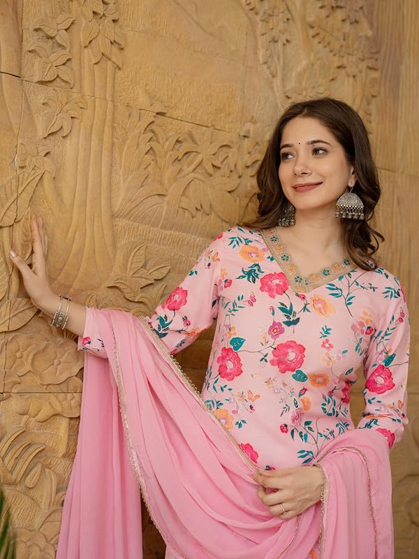 Vaamsi Women's Floral Straight Printed Kurta Pant With Dupatta Set (PKSKD2510PNK_XS_Pink) - Image 2