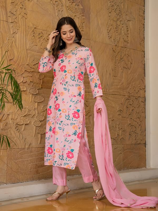 Vaamsi Women's Floral Straight Printed Kurta Pant With Dupatta Set (PKSKD2510PNK_XS_Pink) - Image 3