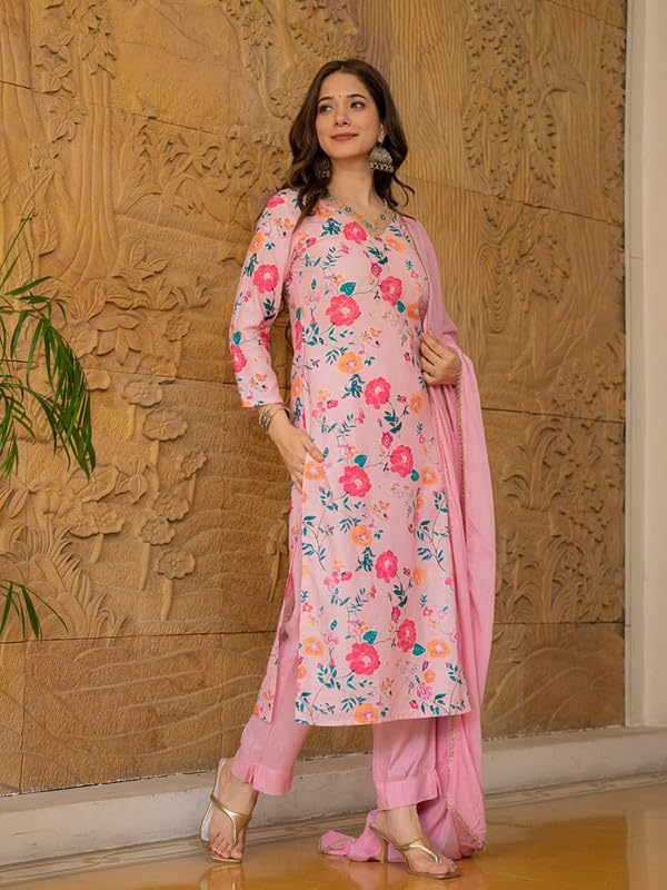 Vaamsi Women's Floral Straight Printed Kurta Pant With Dupatta Set (PKSKD2510PNK_XS_Pink) - Image 5