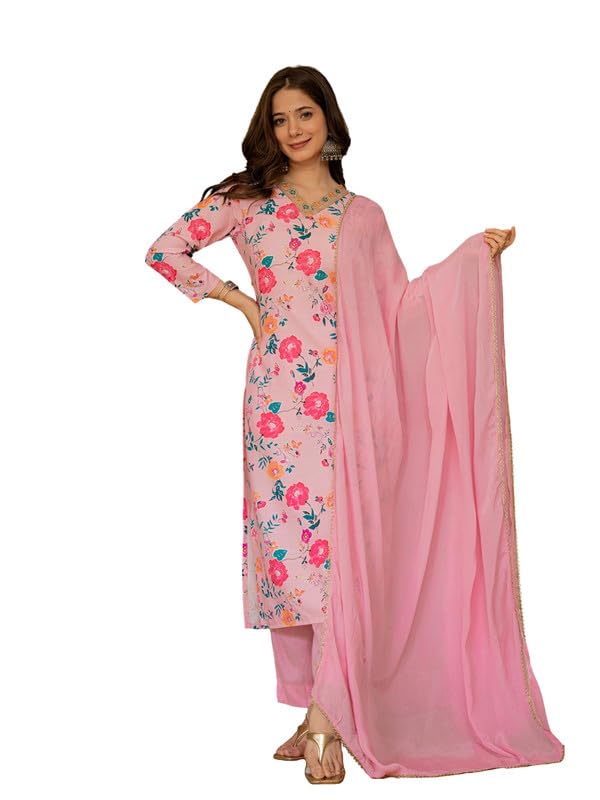 Vaamsi Women's Floral Straight Printed Kurta Pant With Dupatta Set (PKSKD2510PNK_XS_Pink) - Image 1