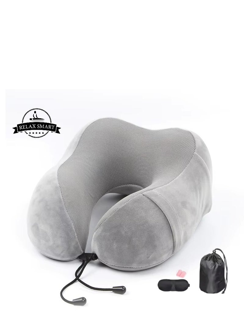 Relax Smart - Travel Pillow  Memory Foam Pillow, Neck Pillow for Airplane, Neck & Head Support Pillow for Sleeping Rest & Car, Travel Pillows Kit with Storage Bag, Sleep Mask and Earplugs （Grey） - Image 1