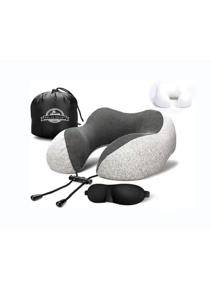 ريلاكس سمارت وسادة سفر من الميموري فوم لتقويم الرقبة – وسادة دعم الرأس والرقبة مريحة للطائرة والسيارة والنوم، طقم وسادة السفر مع حقيبة تخزين وقناع نوم وسدادات أذن (رمادي) - Image 1
