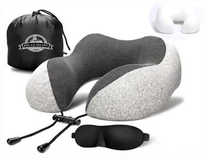 Relax Smart Travel Pillow Memory Foam Neck Pillow – Ergonomic Head and Neck Support Pillow for Airplane, Car, and Sleeping, Travel Set with Storage Bag, Sleep Mask & Earplugs (Grey) - Image 1