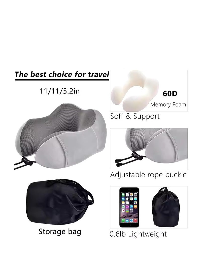 Relax Smart - Travel Pillow  Memory Foam Pillow, Neck Pillow for Airplane, Neck & Head Support Pillow for Sleeping Rest & Car, Travel Pillows Kit with Storage Bag, Sleep Mask and Earplugs （Grey） - Image 1