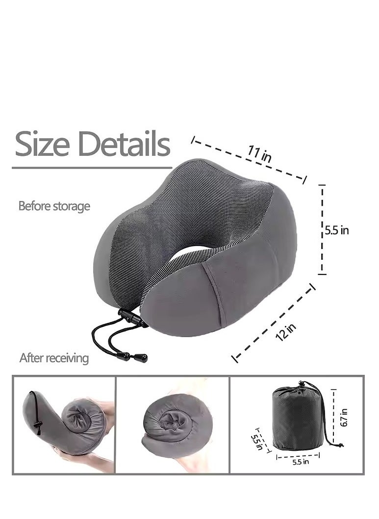 Relax Smart - Travel Pillow  Memory Foam Pillow, Neck Pillow for Airplane, Neck & Head Support Pillow for Sleeping Rest & Car, Travel Pillows Kit with Storage Bag, Sleep Mask and Earplugs （Grey） - Image 1