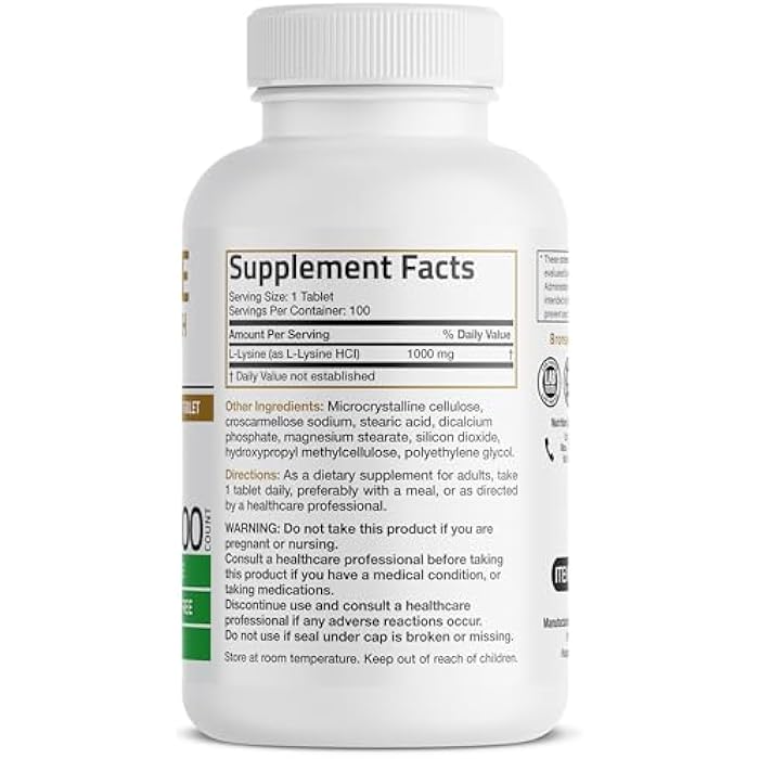 Bronson L-Lysine Extra Strength 1000 MG per Tablet High Potency, Immune Support & Supports Collagen Synthesis, Non-GMO, 100 Vegetarian Tablets - Image 4