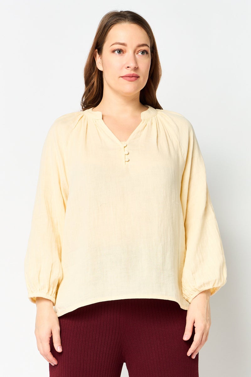 Material Girl Women V-Neck Solid Long Sleeve Blouse, Light Yellow - Image 1