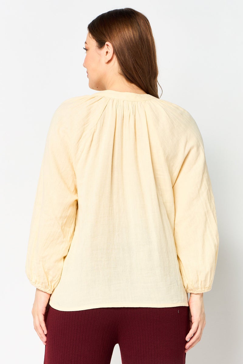 Material Girl Women V-Neck Solid Long Sleeve Blouse, Light Yellow - Image 3