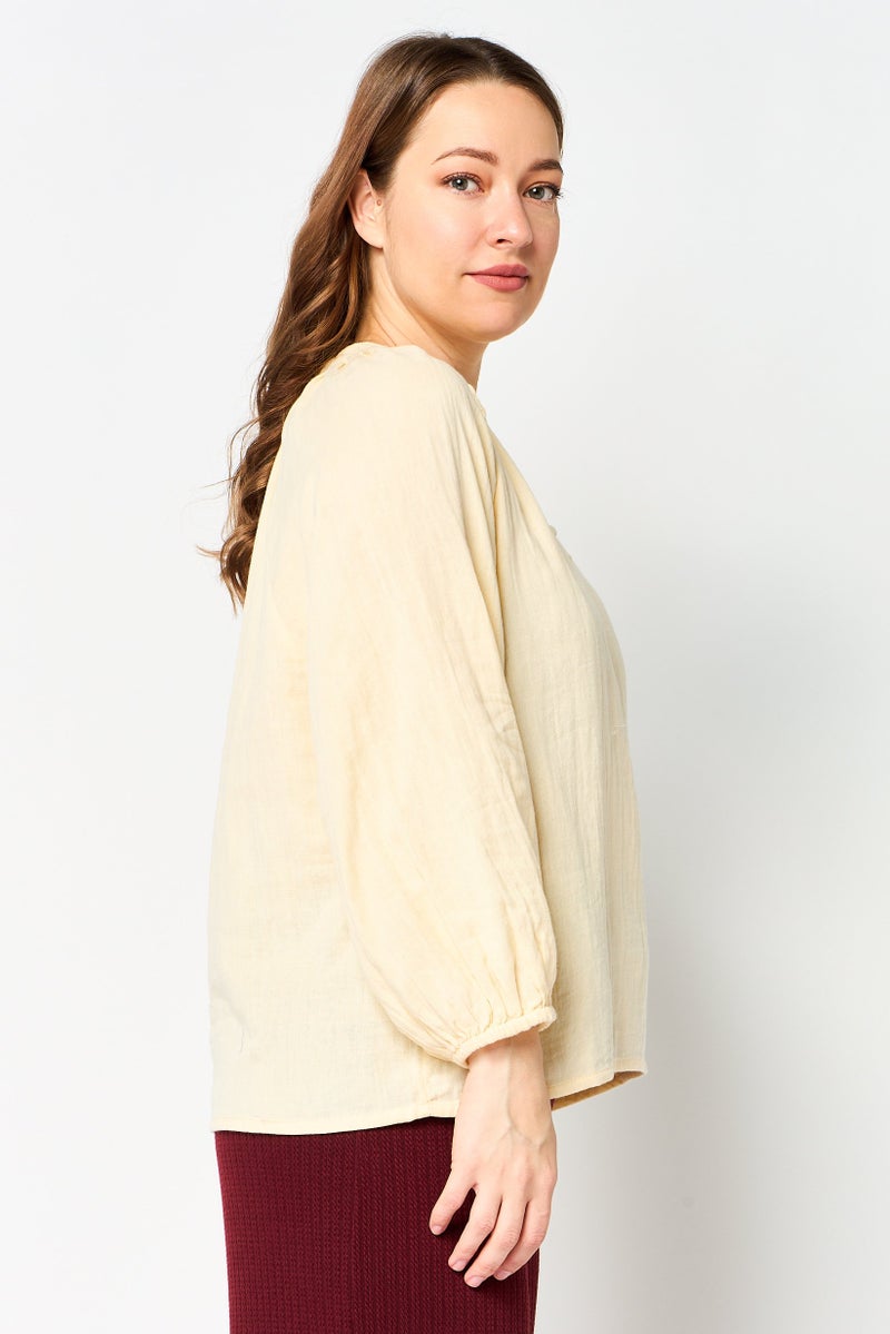 Material Girl Women V-Neck Solid Long Sleeve Blouse, Light Yellow - Image 4