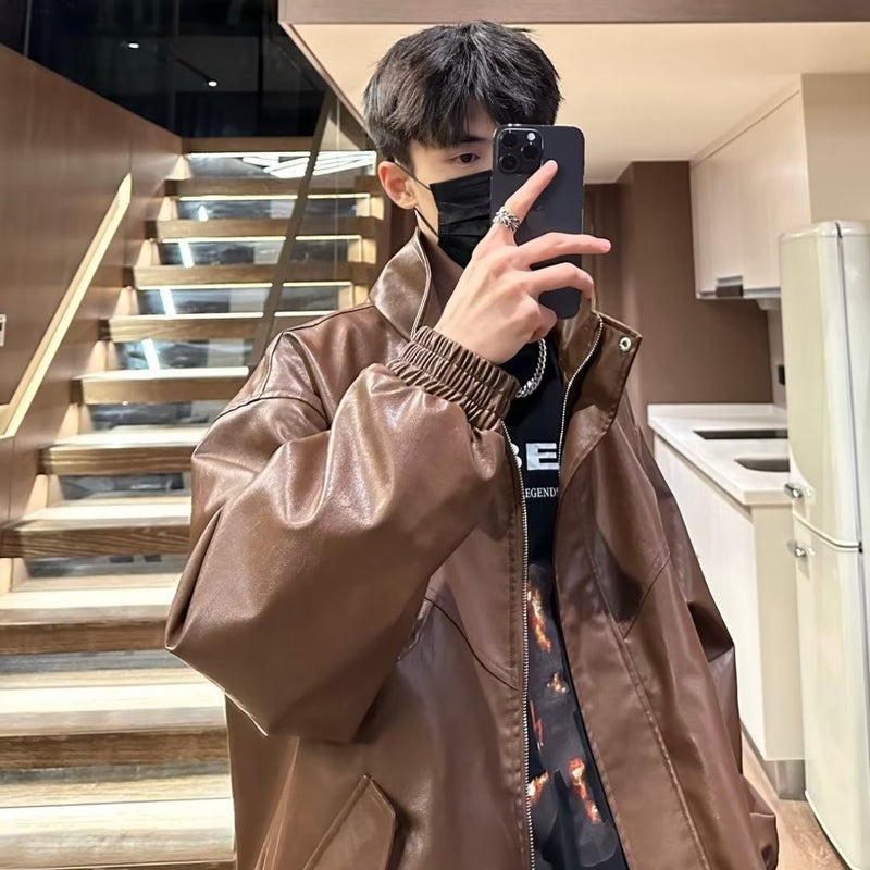 American Retro Aviator Leather Jacket Men'S And Women'S Fashionable And Handsome Loose Collar Leather Jacket For Couple - Image 3