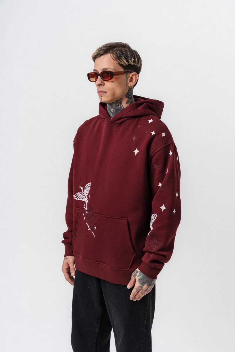 RESPIRE Men's No Perch Embroidered Hooded Oversize Hoodie Bordeaux