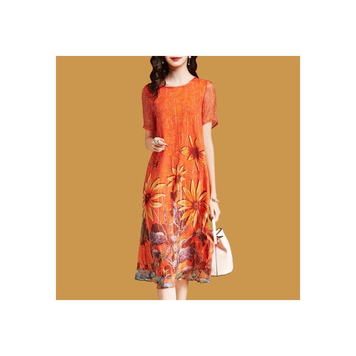 2024 New Womens dress Print Mid-style Over-the-Knee Dress Summer Elegant Womens Dress Beach Dress Womens Clothing Orange 