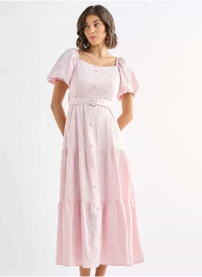 FAV Floral Textured Tiered Maxi Dress with Short Puff Sleeves and Square Neck