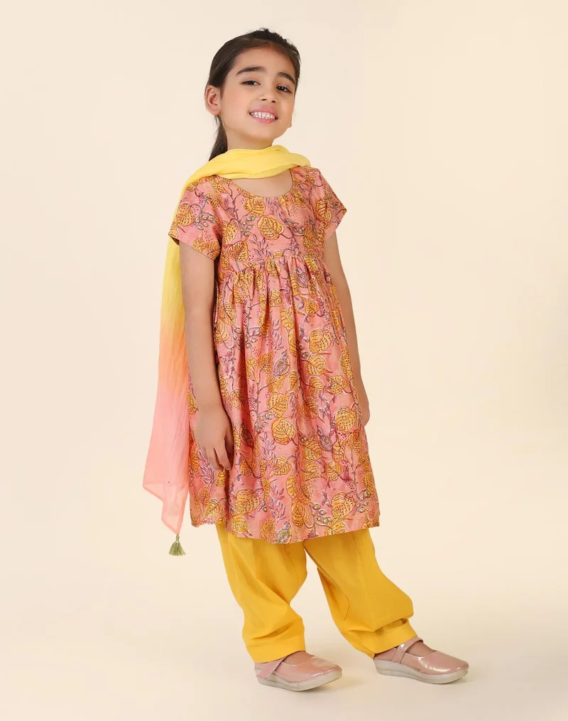 Fabindia Pink Cotton Silk Hand Block Printed 3Pc Salwar Set