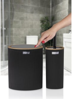‎okyanus Home Mina Due Black Striped Round 2-Piece Toilet Bucket and Brush Set  - Image 1
