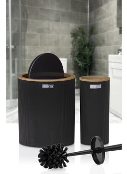 ‎okyanus Home Mina Due Black Striped Round 2-Piece Toilet Bucket and Brush Set  - Image 2