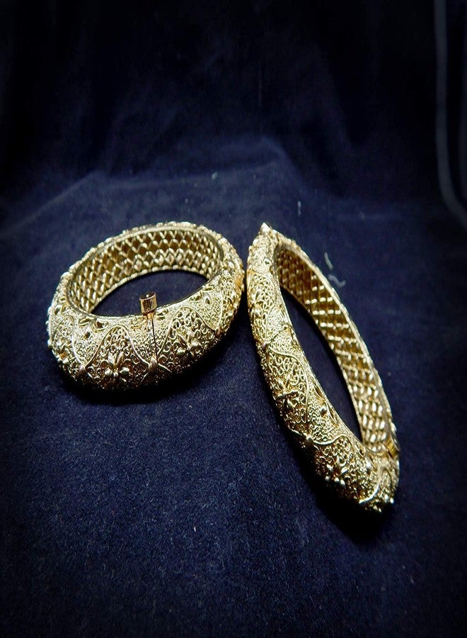 ACCESSHER Traditional Rajwadi Rajasthani Gold Plated Ethnic Patla/Kada Bangles Set of 2 for Women ||Gold Plated Bangles for Women - Image 4