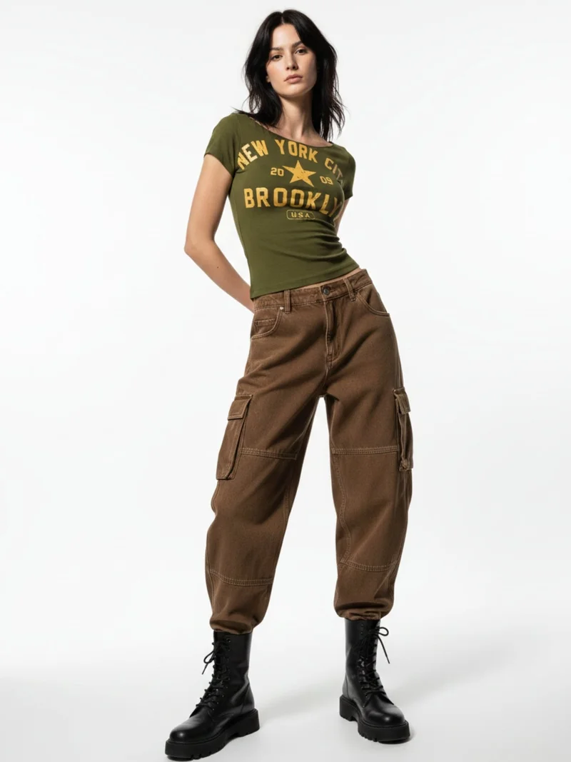 Outzidr  Olive Off-Shoulder Raw Edge Printed T-Shirt for Women | Best Price UAE
