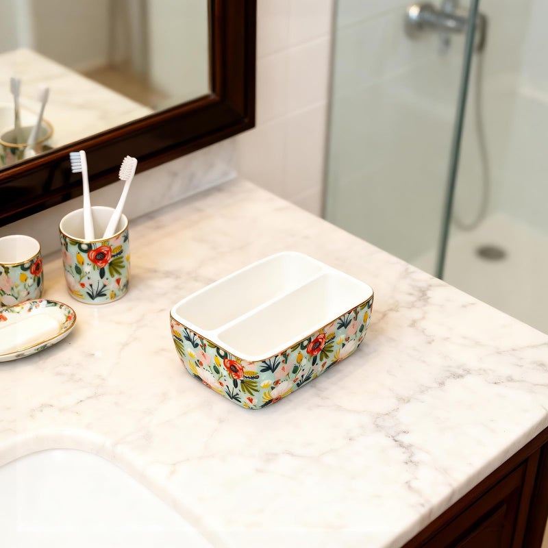 LEAZUL 2 Compartments Ceramic Sponge Holder for Kitchen Sink, Cute Floral Countertop Dish Sponges Holder Soap Sink Organizer Farmhouse Caddy (Mint Green) - Image 2