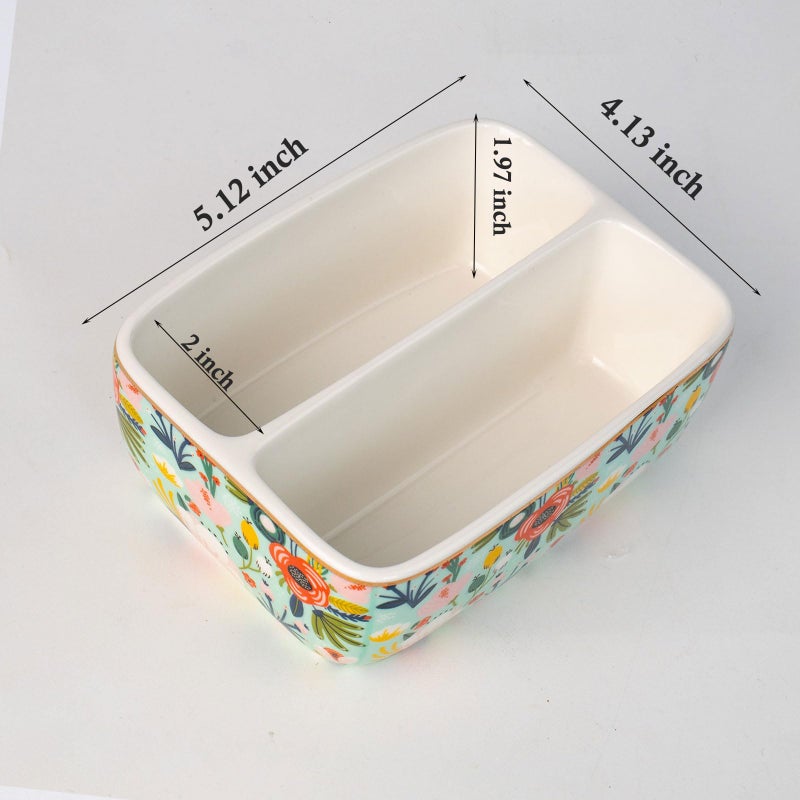 LEAZUL 2 Compartments Ceramic Sponge Holder for Kitchen Sink, Cute Floral Countertop Dish Sponges Holder Soap Sink Organizer Farmhouse Caddy (Mint Green) - Image 3